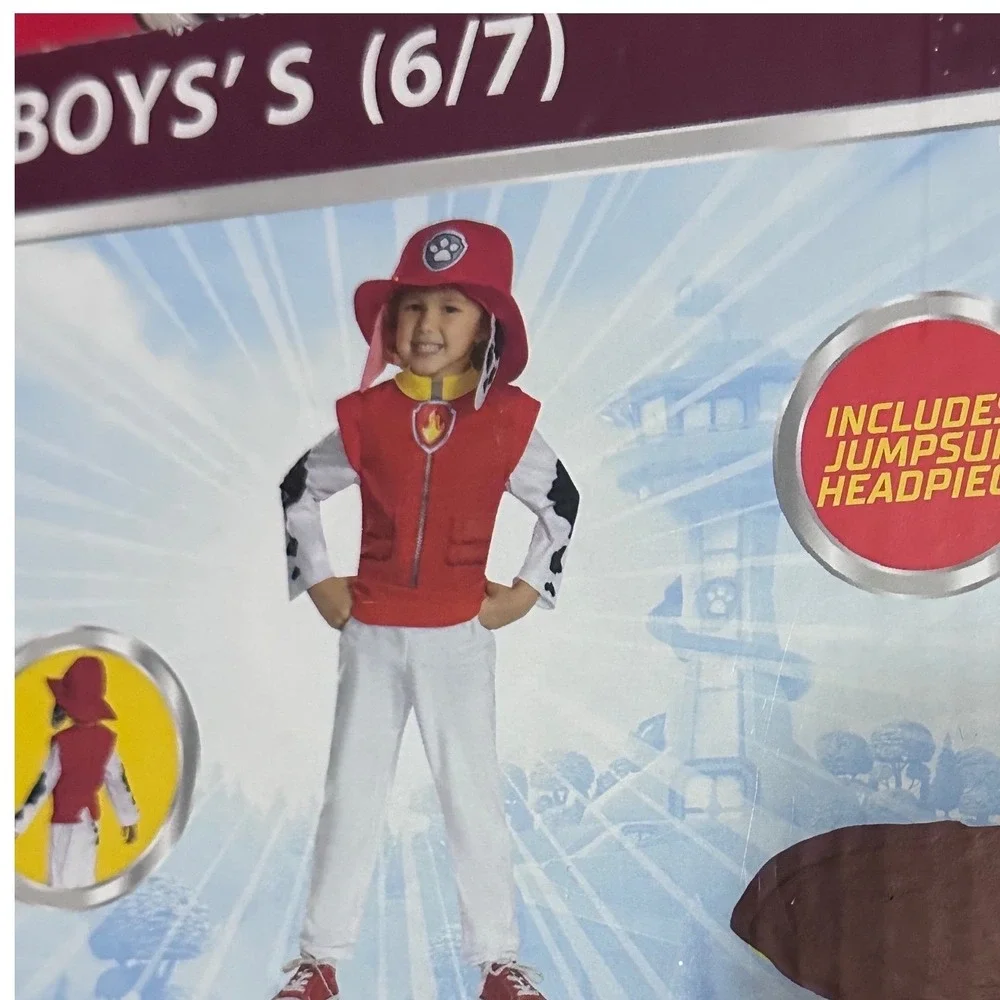 Paw Patrol Marshall Halloween Costume Boys Small 6/7 Jumpsuit & Headpiece NWT